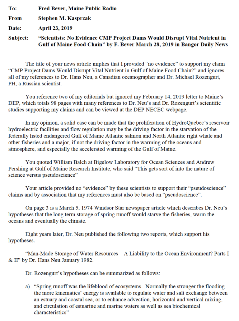 Read more about the article Kasprzak’s Response to “Scientists: No Evidence CMP Project Dams Would Disrupt Vital Nutrient in Gulf of Maine Food Chain” by F. Bever March 28, 2019 in Bangor Daily News