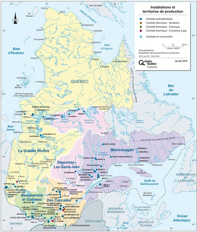 A 2010 map of the locations of major Hydro-Québec facilities. The map does not include substations and areas of neighboring connections. PHOTOGRAPHY BY RICHARD GERVAIS ET AL.