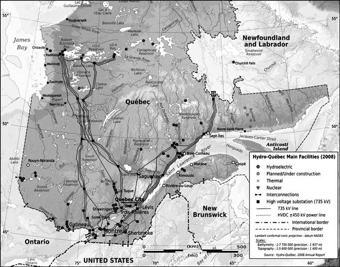 Hydro-Quebec map of connecting major facilities across the province.